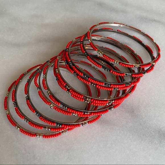 Vintage Jewelry - VINTAGE • Set of 11 Indian Beaded Bangle Bracelets Red Silver Boho Bohemian